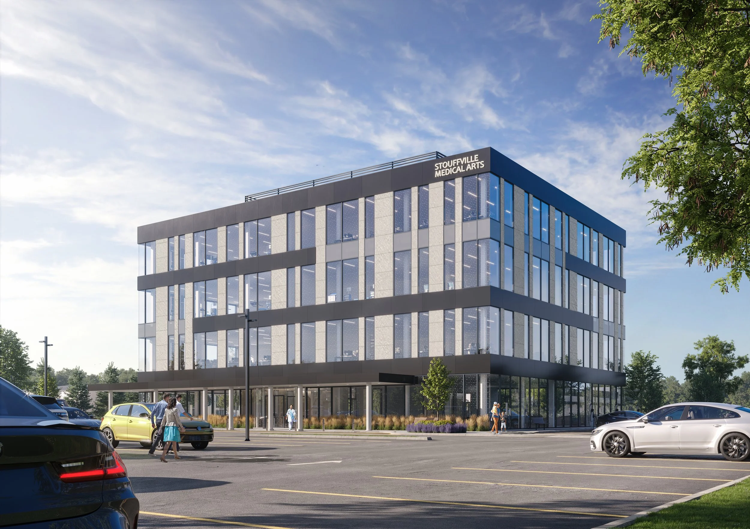 A modern multi-story medical arts building labeled 'Stouffville Medical Arts' with a parking lot in the foreground, several people walking, and some cars parked. salutogenic design through views. Good inspiration for Toronto, Dallas and Park City.