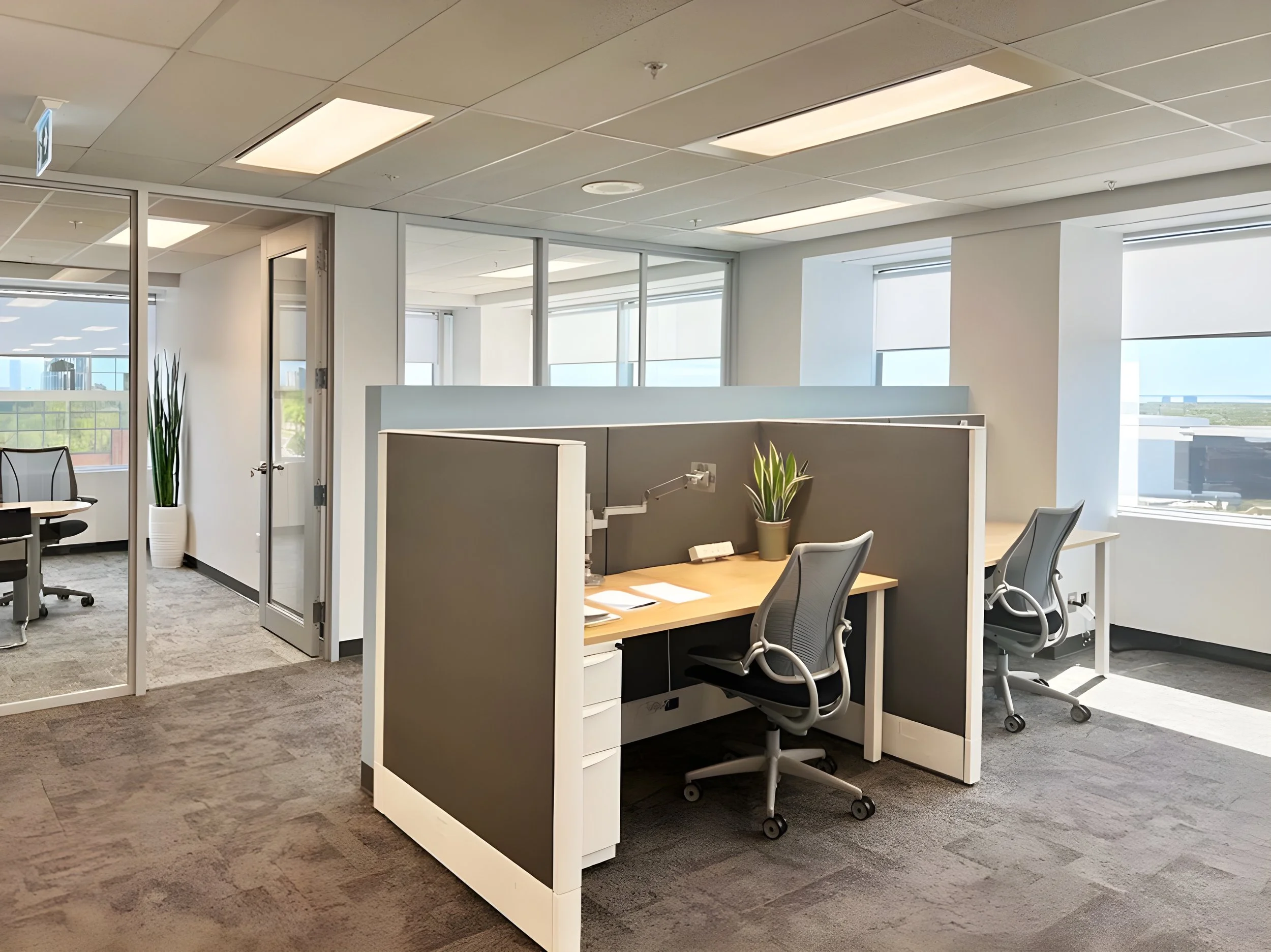 Modern office space with cubicles, chairs, and large windows letting in natural light. There are plants and ceiling lights.