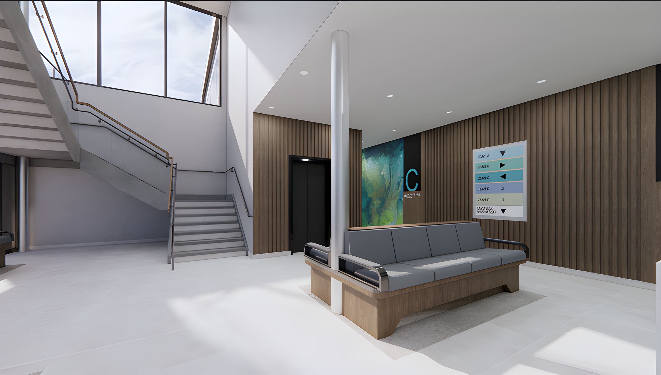 Waiting area with gray seating, wood-paneled wall, elevator, digital flight information display, and staircase near large windows. Healthcare architecture, wayfinding and flow, wellbeing. Inspiration for Toronto, Dallas, Texas, Miami and Park city.