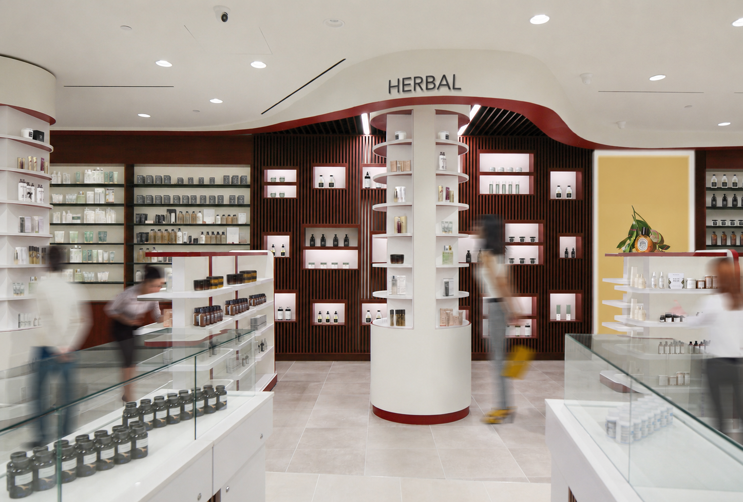 Interior view of a retail store section labeled 'Herbal,' with shelves filled with various bottles and containers, and blurred shoppers browsing. healthcare, wellbeing. wayfinding, human. inspiration for Toronto, Dallas, Texas, Miami, and Park City.