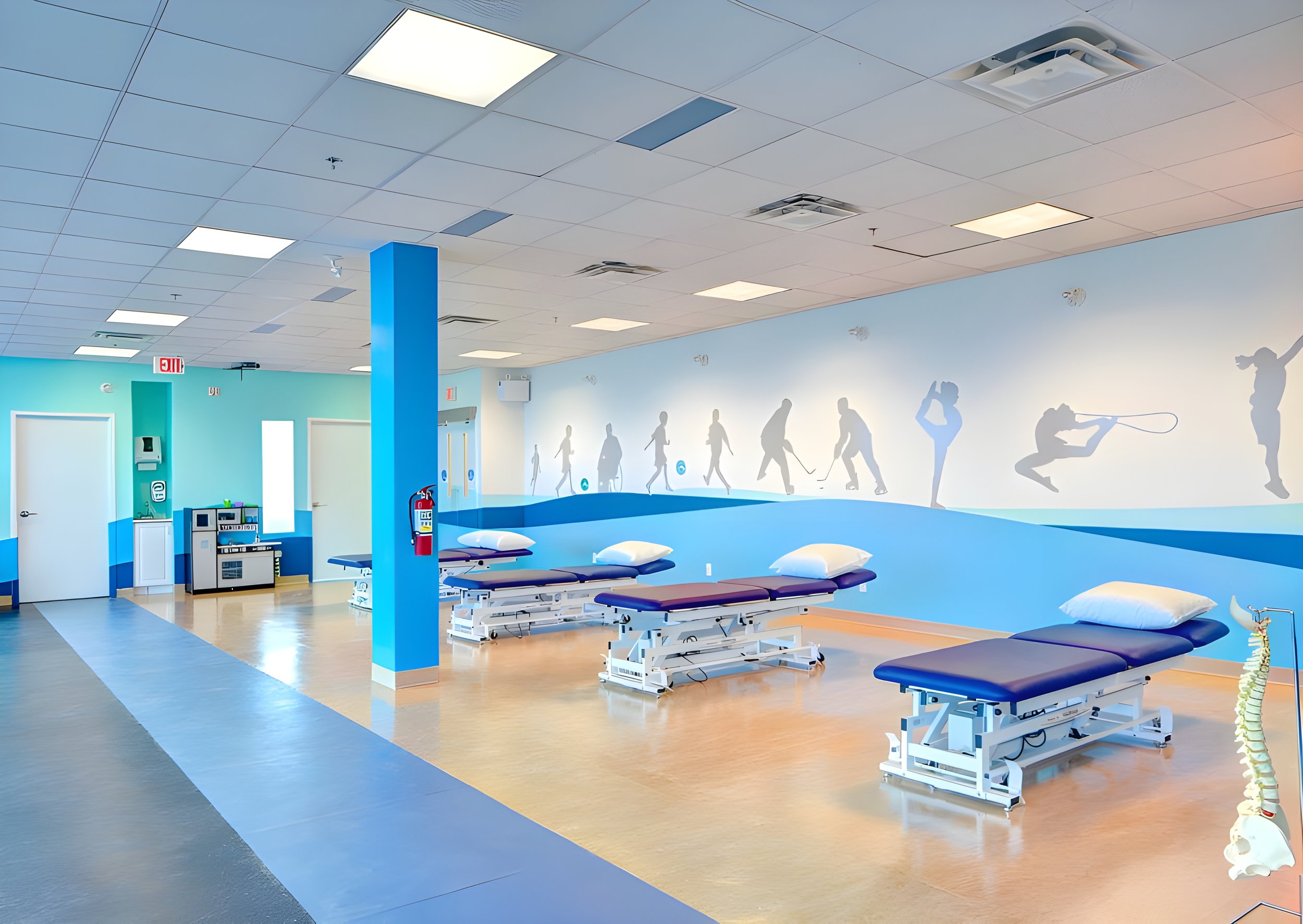 A brightly lit physical therapy or rehabilitation clinic. The walls feature silhouettes of people engaging in various exercise. Healthcare architecture, wayfinding and flow, wellbeing. Inspiration for Toronto, Dallas, Texas, Miami and Park city.