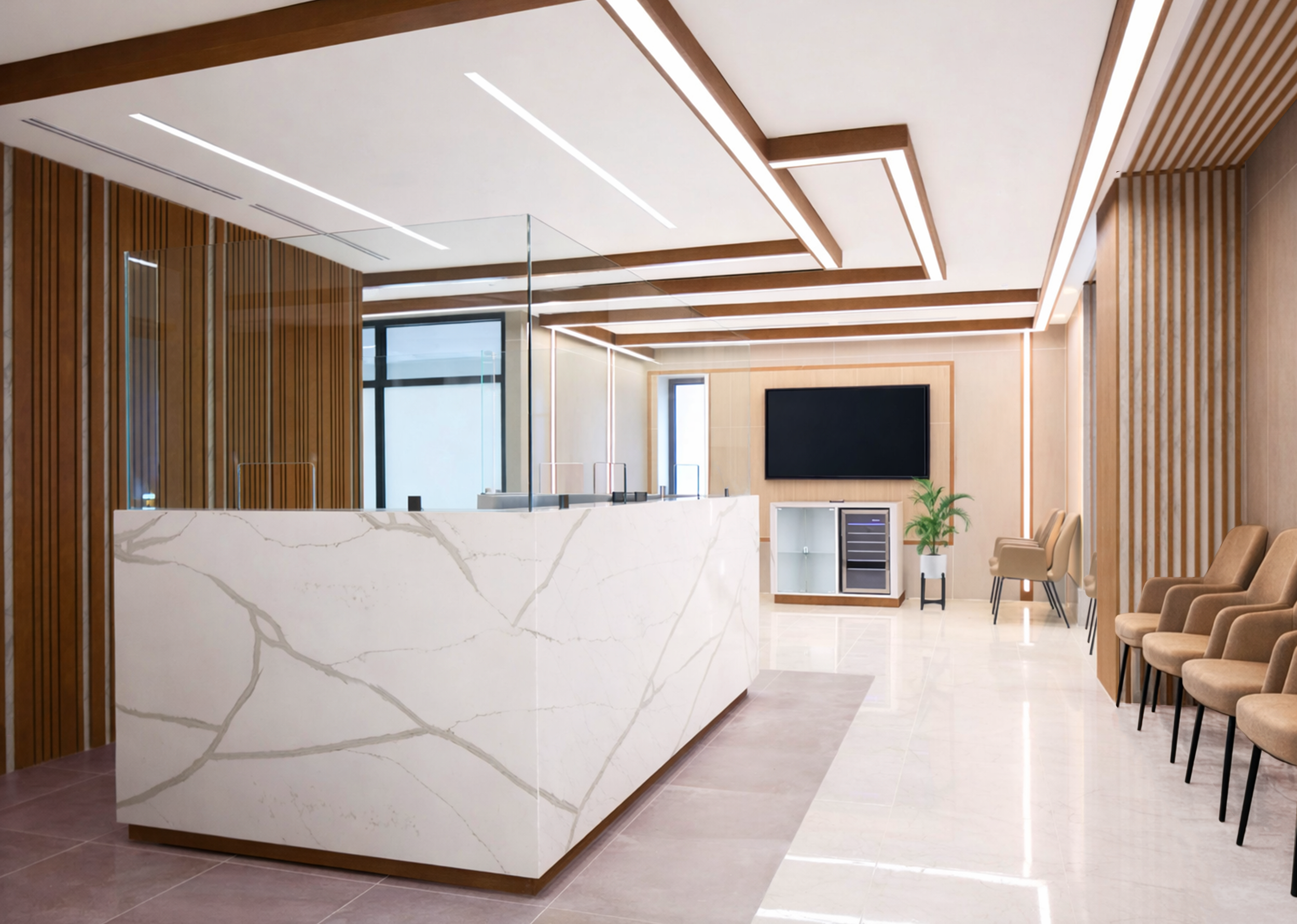 Modern lobby area with a marble reception desk, wooden wall accents, and beige chairs lined up along the wall. Natural light enters through windows. Healthcare. wellbeing and wayfinding. Inspiration for Toronto, Dallas, Park city, Texas, Miami.