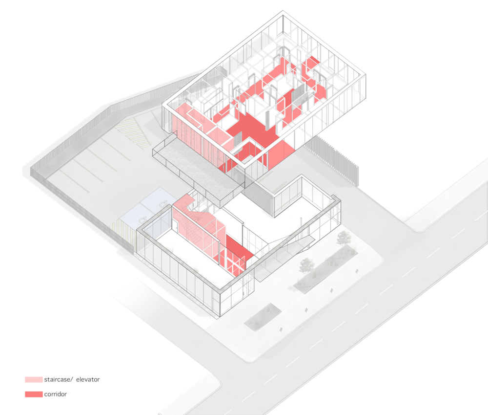 3D architectural rendering of a modern building with transparent walls, red interior accents, and outdoor parking lot with marked handicapped spaces and landscaped sidewalk. Healthcare architecture inspiration for Toronto, Dallas and Park City.
