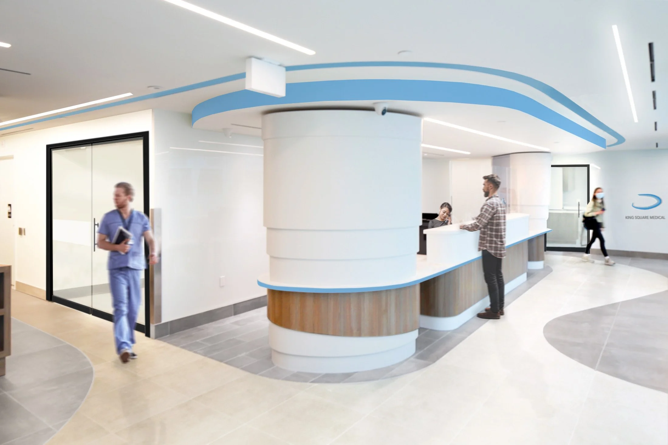Inside a modern medical facility, a nurse in scrubs walks past a reception desk with a man and woman interacting nearby. The space features white and light blue decor, with clean lines and bright lighting. Toronto, Dallas, Park city, Texas, Miami.
