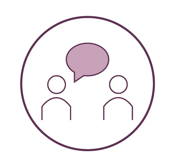 Icon of two people with a speech bubble above them, indicating conversation or communication.