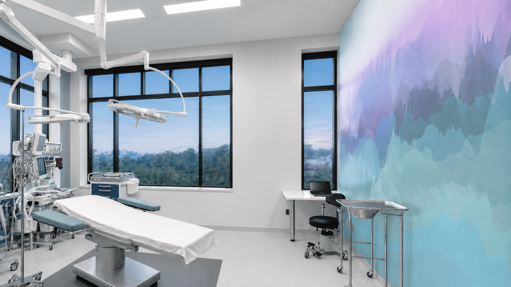 A modern hospital (Etobikoke, ON). Operating room with a surgical bed, medical equipment, large windows showing a city view, and a colorful mountain-themed mural on the wall. Good healthcare inspiration for Toronto, Dallas and Park city. 