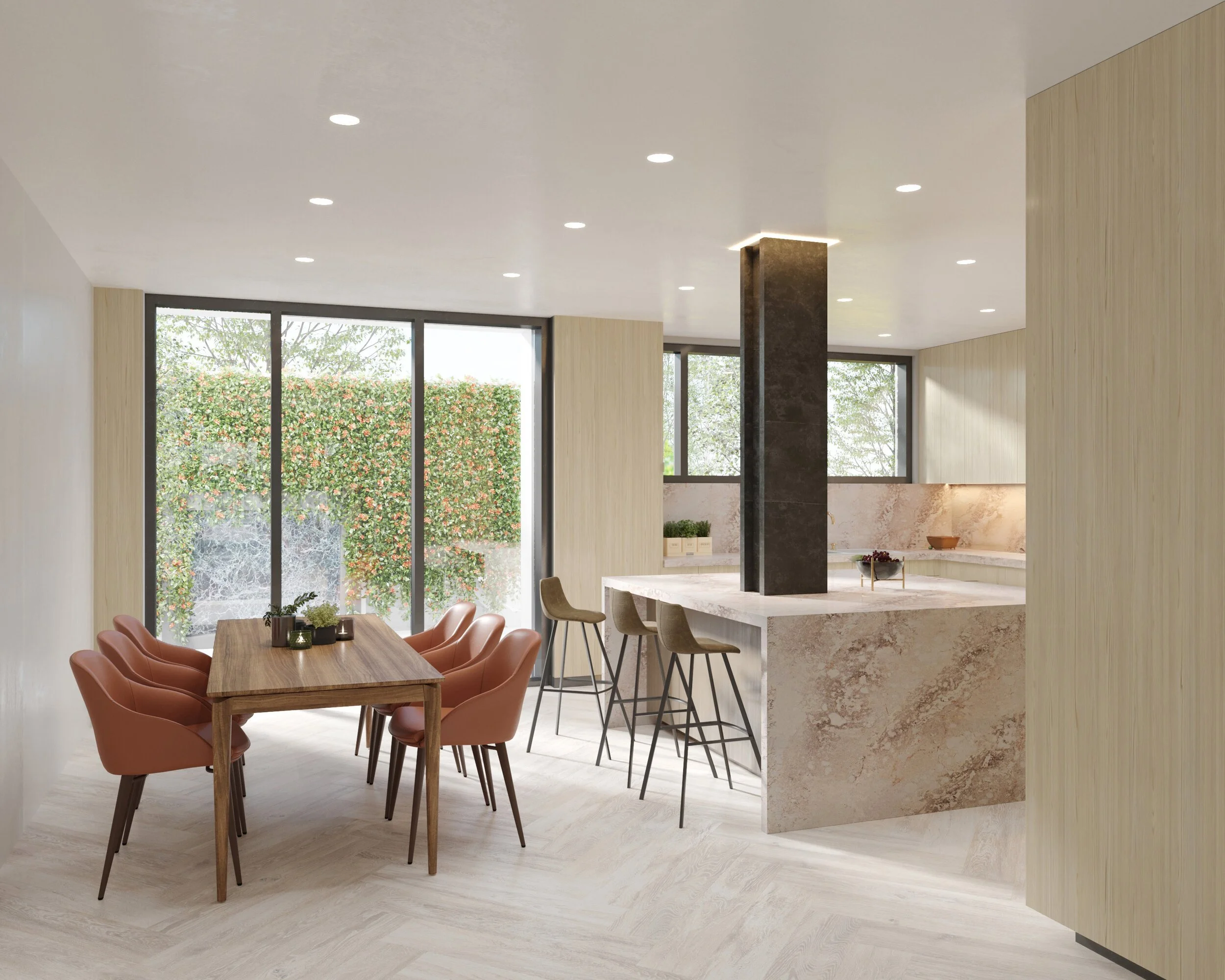 Modern dining area with a light wood table surrounded by pink chairs, large windows showing outside greenery, and a marble kitchen island with bar stools. residential, wellbeing. wayfinding. Inspiration for Toronto, Dallas, Texas, Miami, Park city