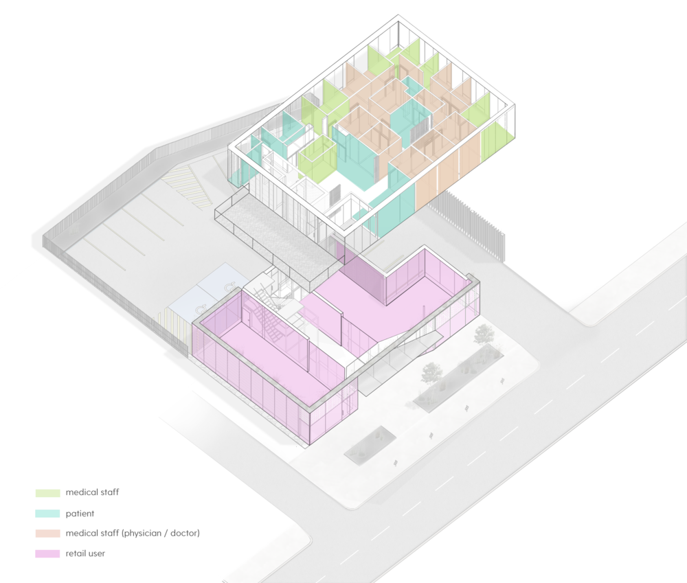 3D architectural rendering of a building with underground parking, main entrance, and multiple floors with colorful rooms and office spaces. Healthcare architecture inspiration for Toronto, Dallas and Park City.