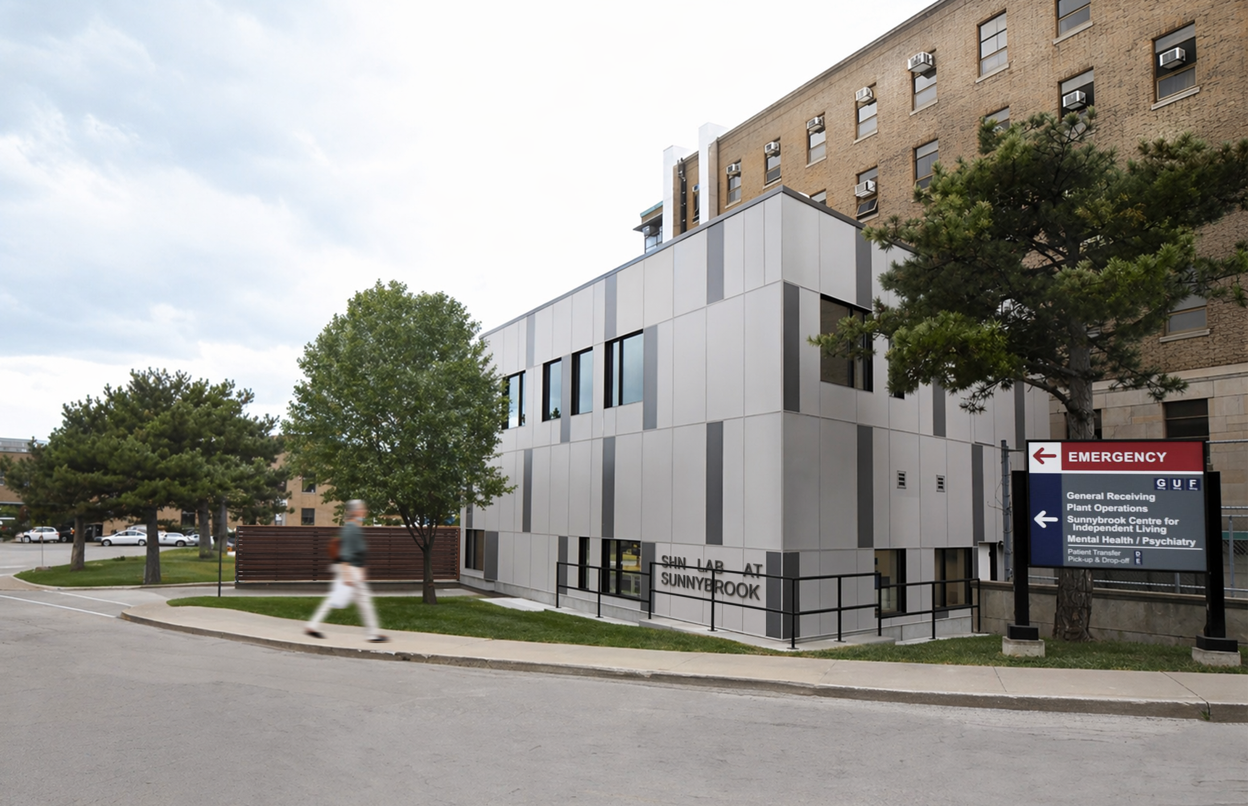 An urban scene with a modern white hospital building on the right, trees . There is a sign with directions for different hospital departments, and an 'Emergency' sign with a red arrow pointing left. Inspiration for Toronto, Dallas and Park City.