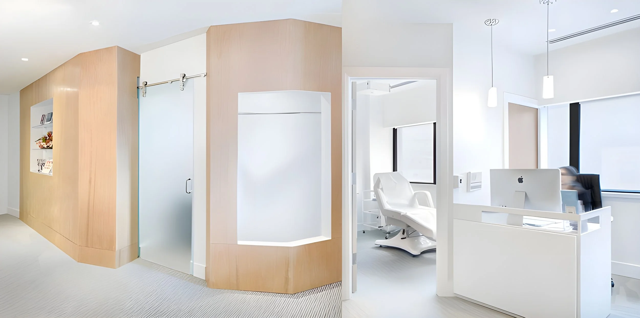 Modern medical office interior with white walls, wooden accents, a white examination chair, and a desk with a computer. Healthcare architecture, wayfinding and flow, wellbeing. Inspiration for Toronto, Dallas, Texas, Miami and Park city.