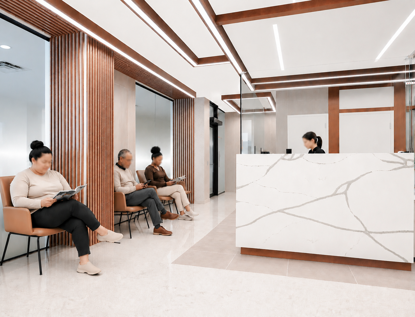 Modern interior space with waiting area, featuring brown chairs, vertical wooden slats, glass partitions, a marble reception desk, and ceiling with wooden beams and integrated lighting. Healthcare. Inspiration for Toronto, Dallas, Park city.