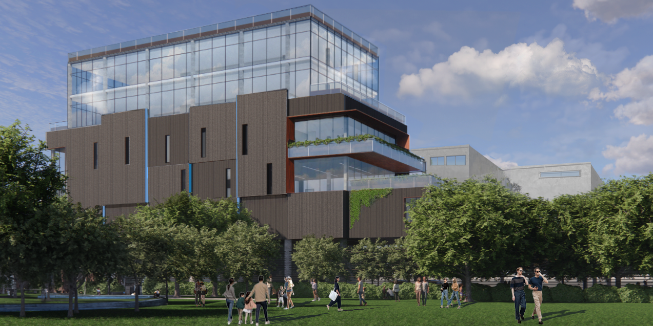 A modern multi-story building with glass and dark brown exterior, surrounded by trees with people walking in a park. Education. wellbeing and flow. wayfinding. salutogenic design. Inspiration for Toronto, Dallas, Texas, Miami, and Park city.