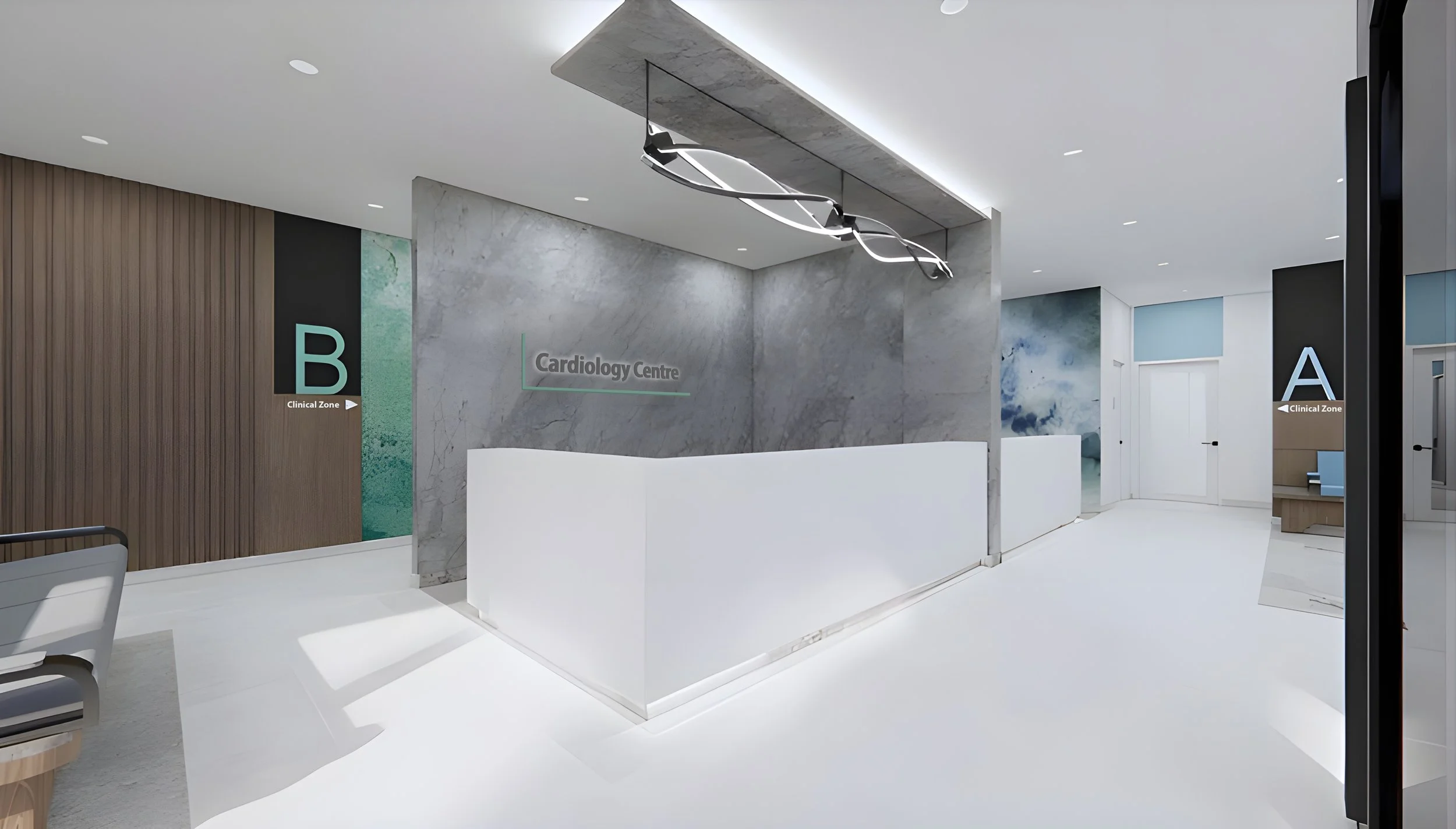 Modern hospital reception area with marble and wooden accents, sign reading 'Cardiology Centre', and clear labels for clinical zones A and B.  Healthcare architecture, wayfinding and flow, wellbeing. Toronto, Dallas, Texas, Miami and Park city.
