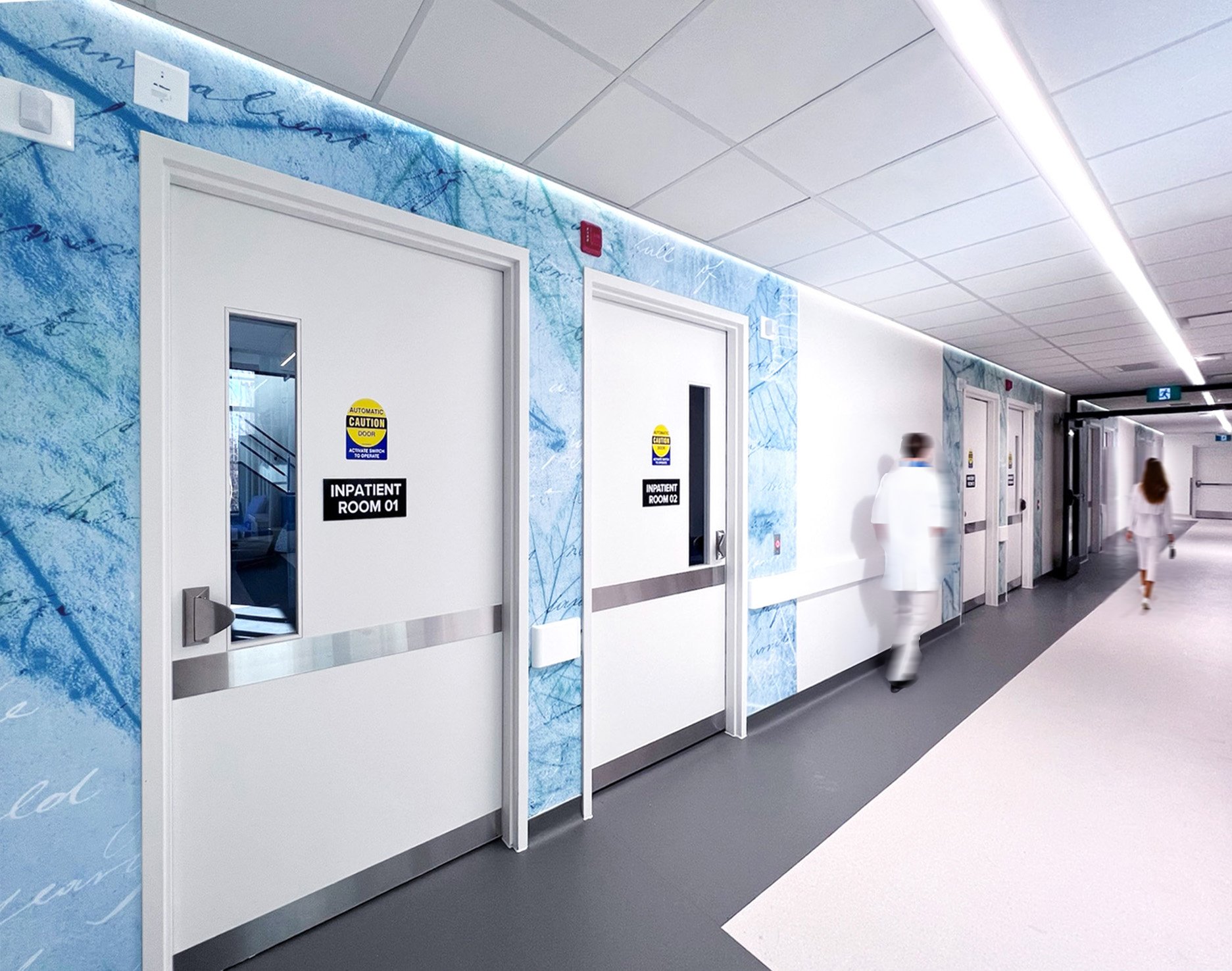 Hospital corridor with blue and white walls, featuring a blue marble pattern on top and a white lower section.  Two healthcare professionals. The ceiling has white tiles with a linear light fixture. Good inspiration for Toronto, Dallas and Park City.