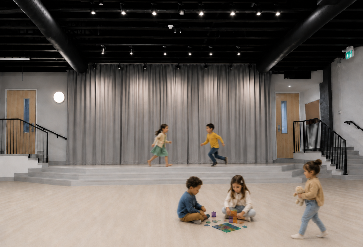 Children playing and sitting in a spacious indoor room with a stage, gray curtains, and wooden doors, possibly a playroom or school auditorium.