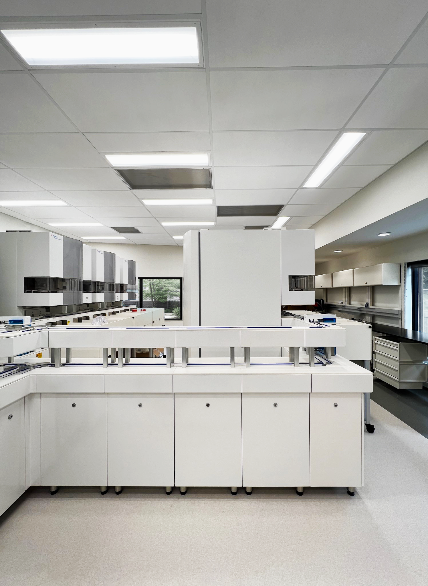 Interior of a clean, white medical or laboratory facility with white cabinets and equipment, fluorescent ceiling lights, and windows showing a green outdoor landscape. Healthcare architecture. Inspiration for Toronto, Dallas and Park city. 