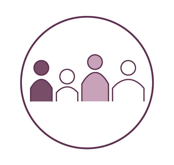 An icon showing four stylized human figures of different sizes within a circle, with varying shades of purple.