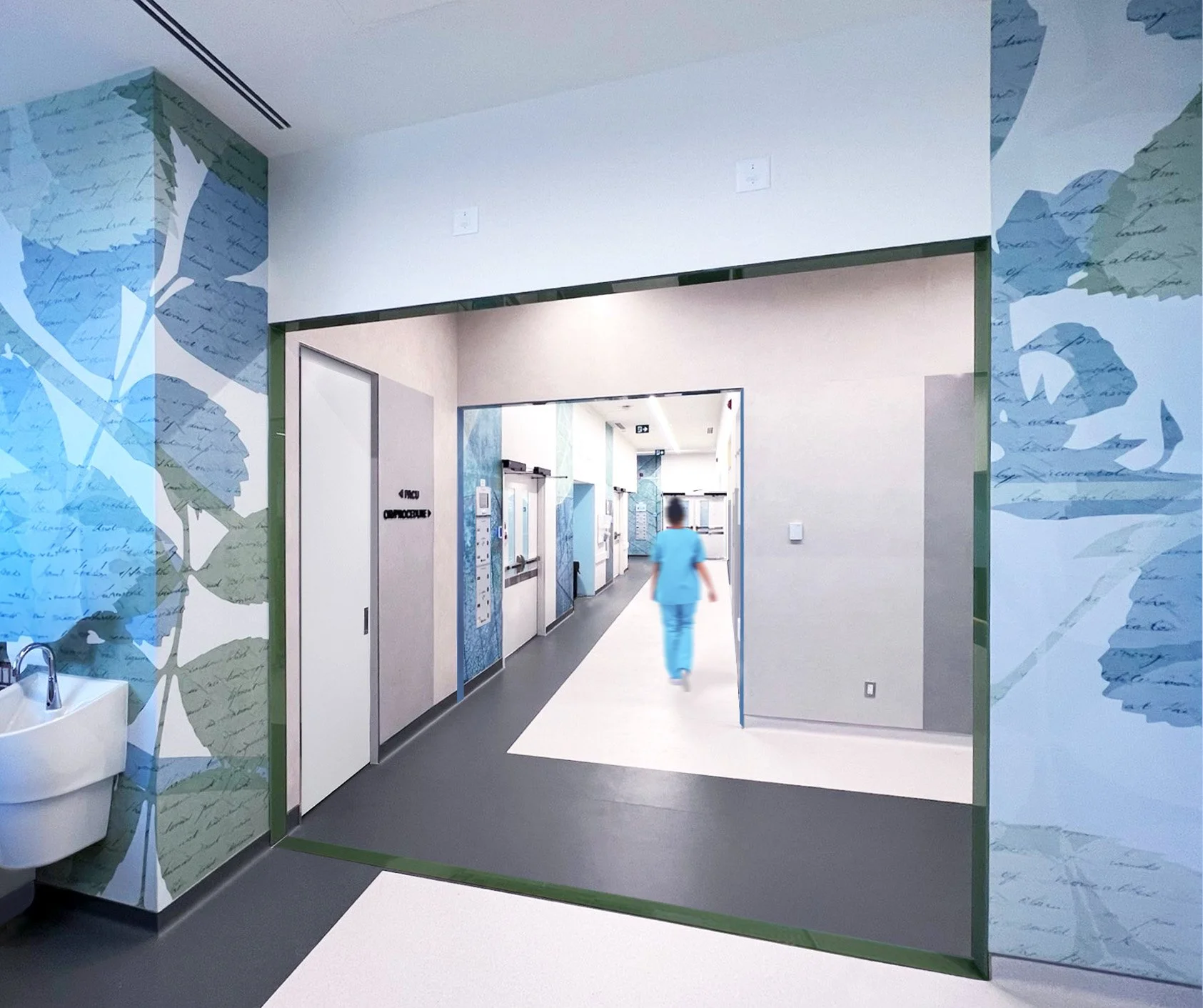 Hospital corridor with a person in scrubs walking away, blue and white walls, and a mural with handwritten notes and leaves on the side walls. Human and salutogenic design. Promotes health and flow. Good inspiration for Toronto, Dallas and Park City.