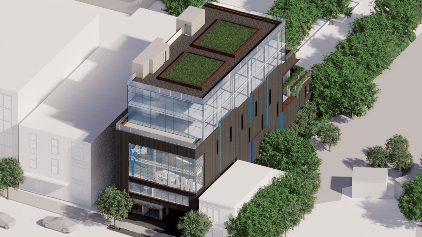 Top-down view of a modern multi-story building with glass exterior, green roof gardens, and located on a street lined with trees. Education architecture. wellbeing. salutogenic design. Inspiration for Toronto, Dallas, Texas, Miami, and Park city.