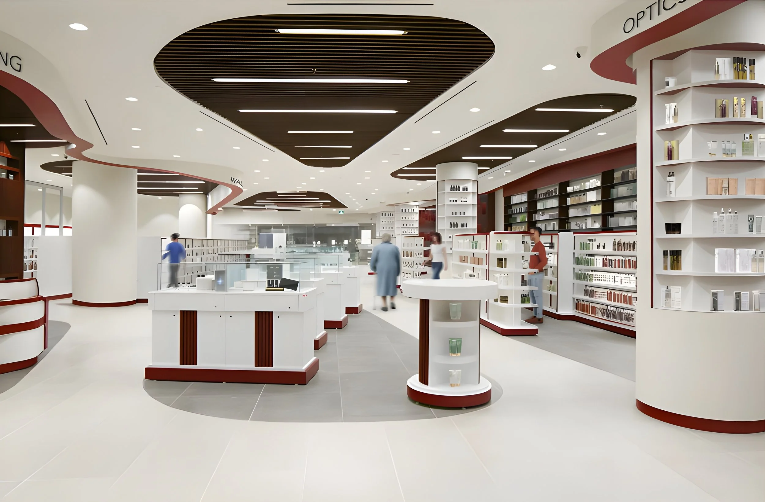 Modern retail store with white and red display shelves, products on shelves, and a high wooden ceiling with lighting fixtures. People are shopping inside. wellbeing and wayfinding. salutogenic design. Toronto, Dallas, Park city, Texas, Miami.