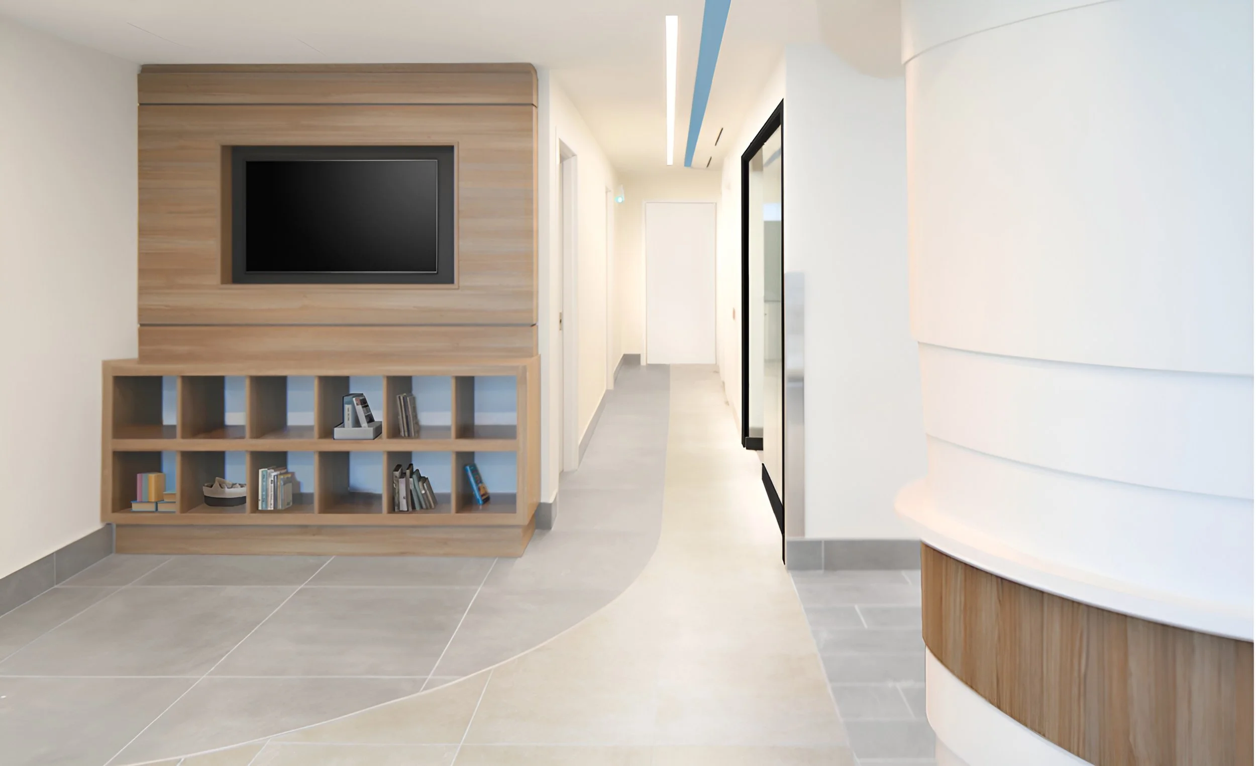 Modern, minimalist hallway with light-colored tile flooring, white walls, a wooden wall and built-in shelving containing books and decorative items. The hallway extends to a door with a bright atmosphere.  Toronto, Dallas, Park city, Texas, Miami. 