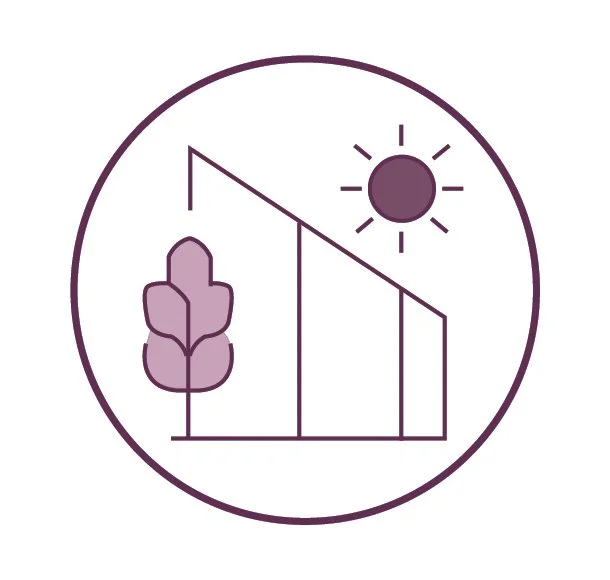 Minimalist illustration of a tree, a building, and the sun inside a circle.