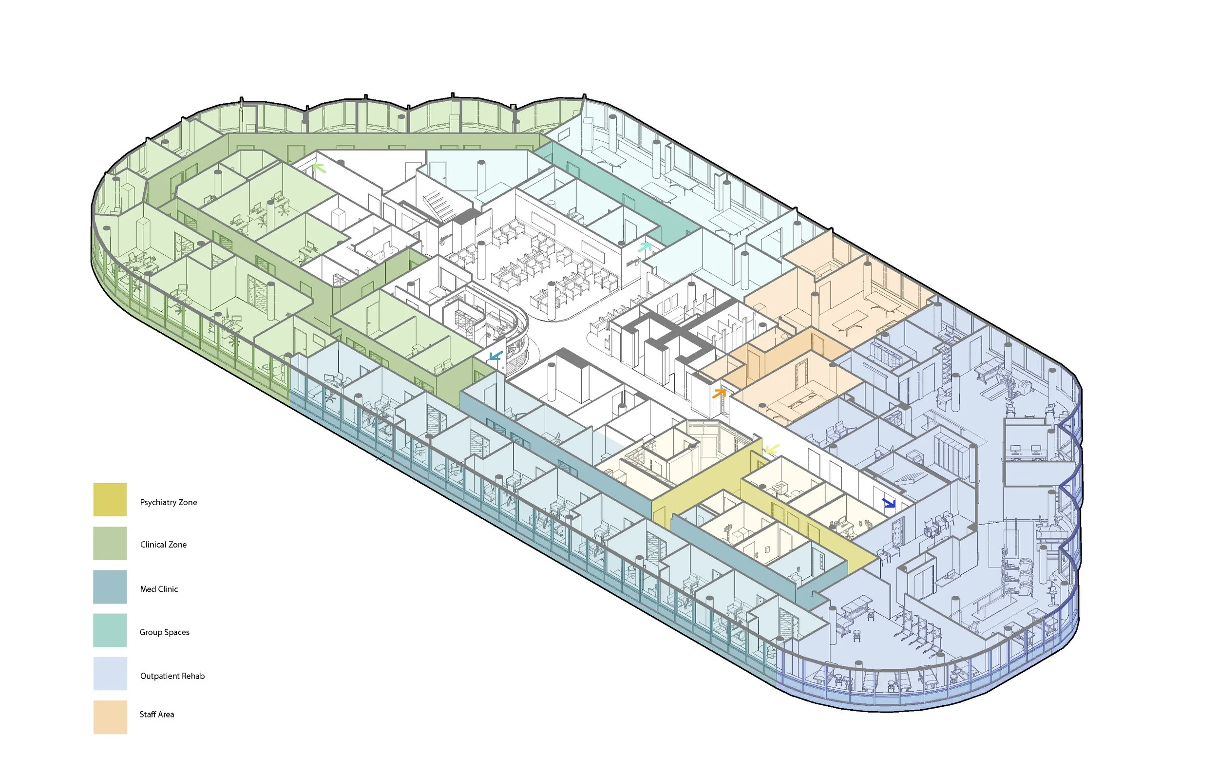 Color-coded floor plan of a medical or mental health facility, showing different zones such as Psychiatry (yellow), Clinical (green), Medical Clinic (blue), Group Spaces (teal), Outpatient Rehab (peach), and Staff Area (orange).