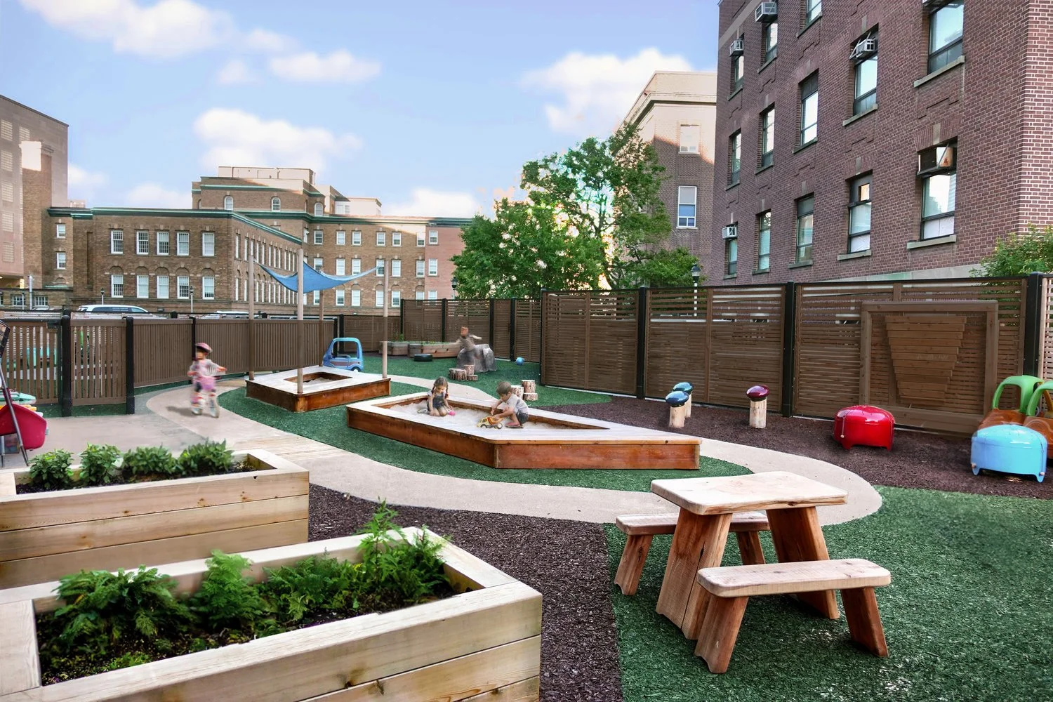 Children playing in a fenced urban playground with sandbox, wooden benches, and play equipment, surrounded by residential buildings and trees under a blue sky. healthcare, wellbeing. inspiration for Toronto, Dallas, Texas, Miami, and Park City.