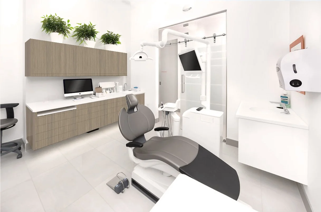 Modern dental office with dental chair, computer, shelves with plants, and medical equipment.