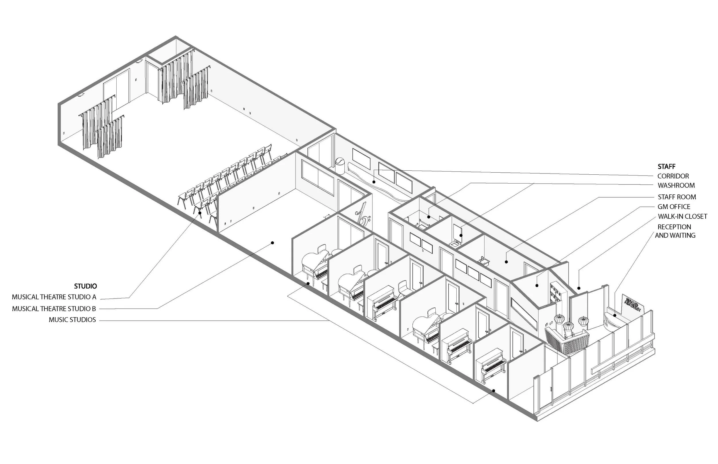Floor plan of a music and performing arts building with various rooms and areas labeled as studio, musical theatre studios, music studios, etc. Education architecture. wellbeing and flow. Inspiration for Toronto, Dallas, Texas and park city.