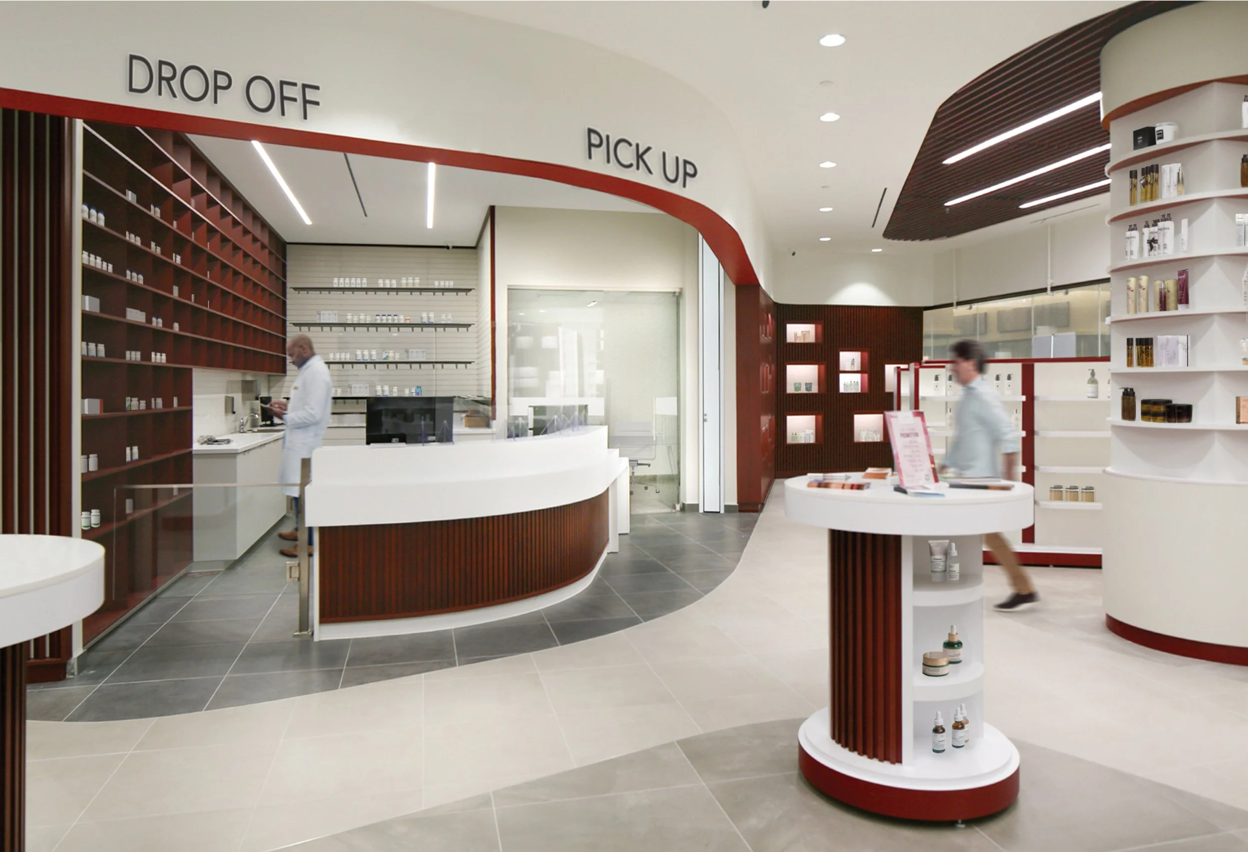 Modern interior of a pharmacy with a drop-off and pickup area, wooden and white shelving units with products, and staff members working. healthcare, wellbeing and wayfinding. salutogenic design. Toronto, Dallas, Park city, Texas, Miami.
