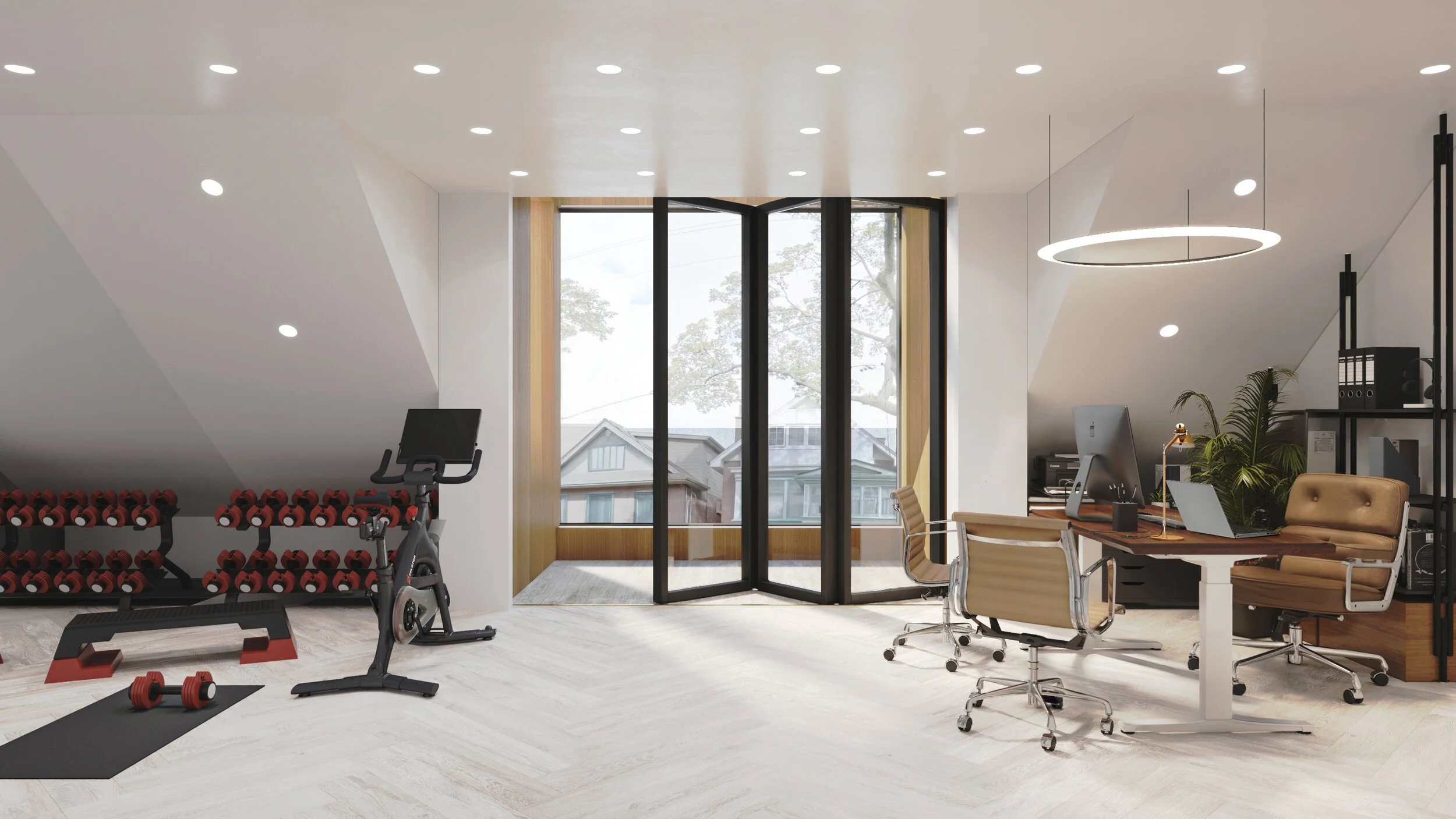 Modern home gym and office area with a large window, displaying exercise equipment, a desk with computer, and various furniture and decor. residential, wellbeing. wayfinding. Inspiration for Toronto, Dallas, Texas, Miami, and Park city.