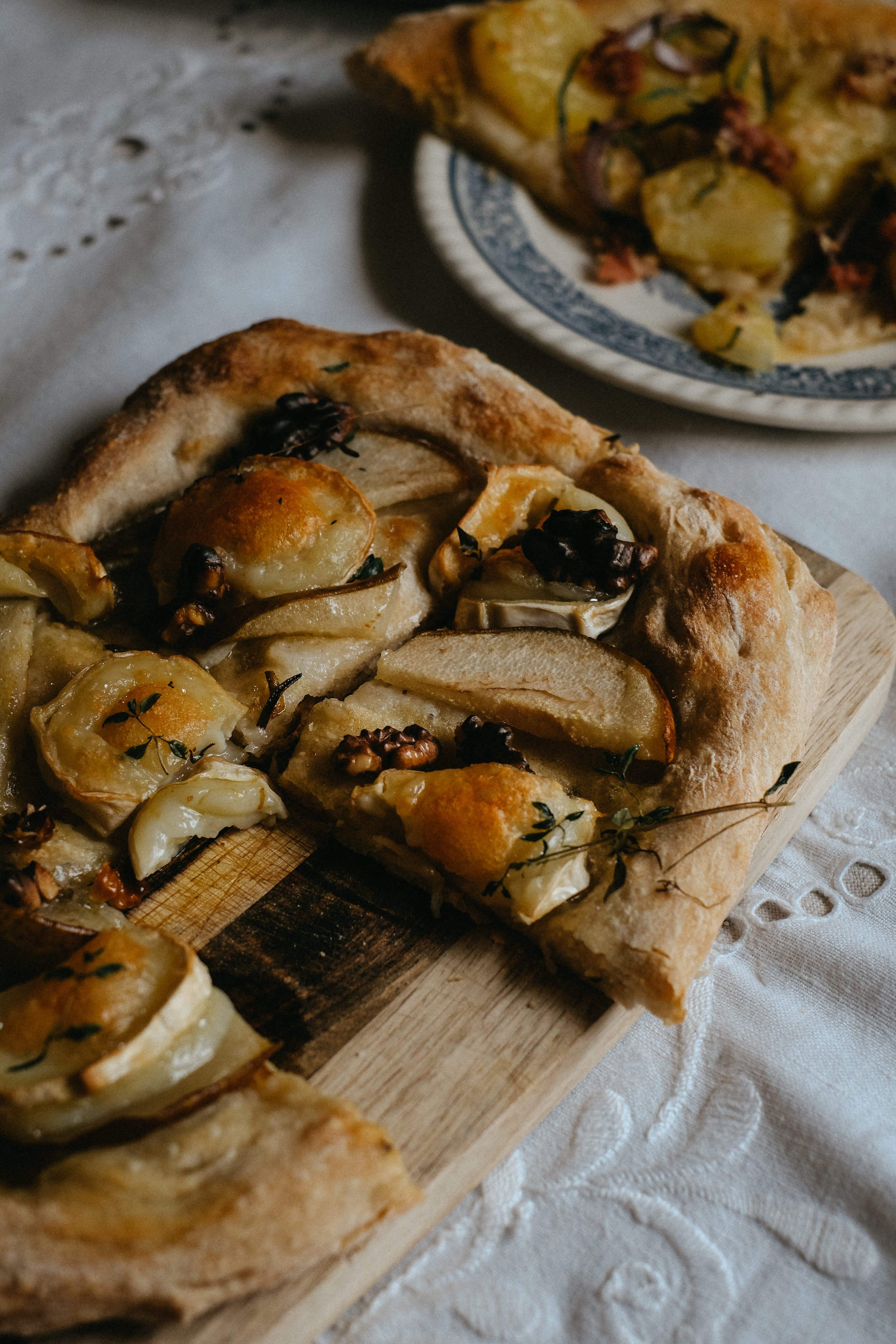hand made pizza with goats cheese, walnuts and pears
