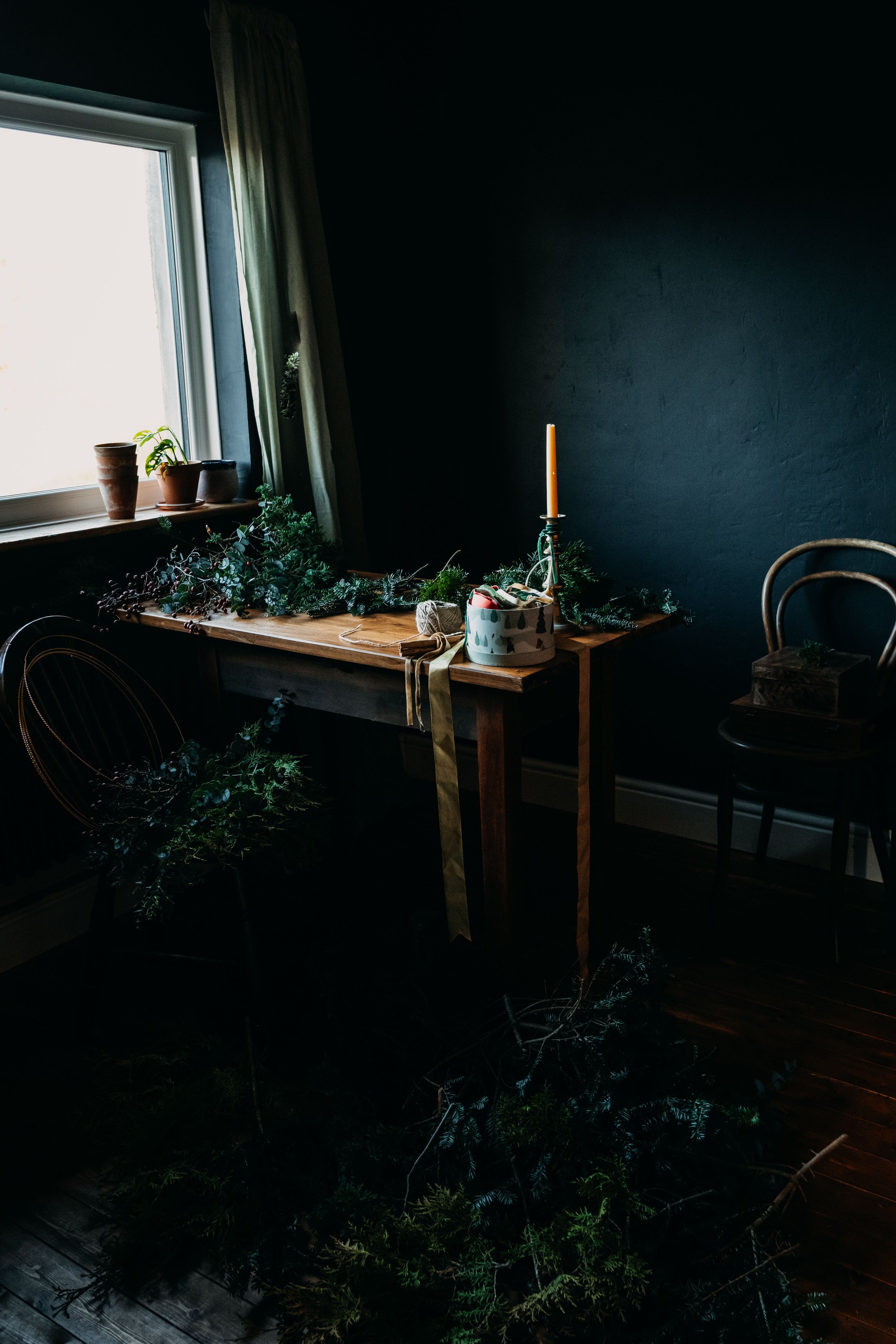A photography studio turned wreath making workshop 