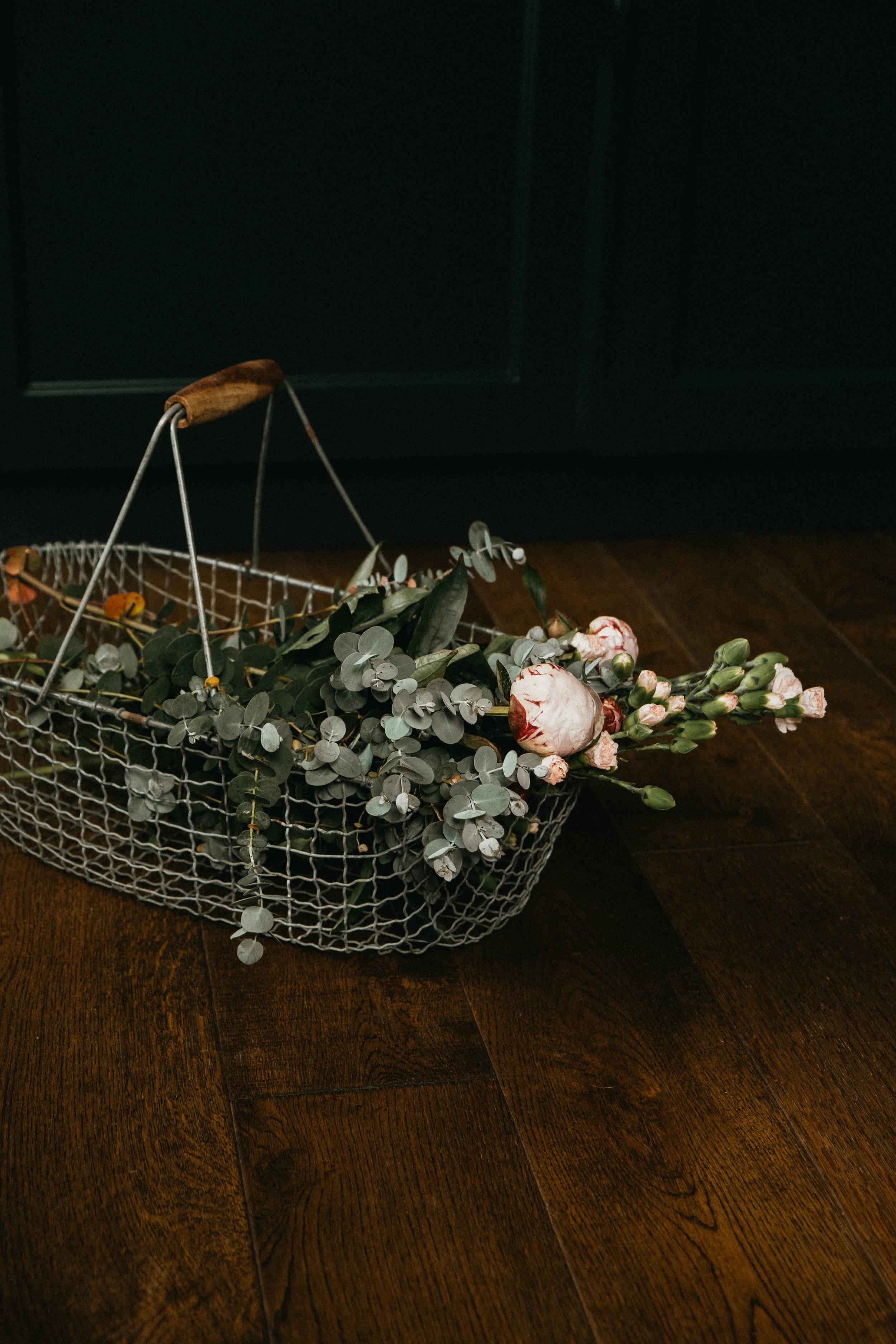 Vintage wire basket, peonies bouquet, peonies and eucalyptus, peonies and carnations bouquet, flower basket, vintage wooden floors