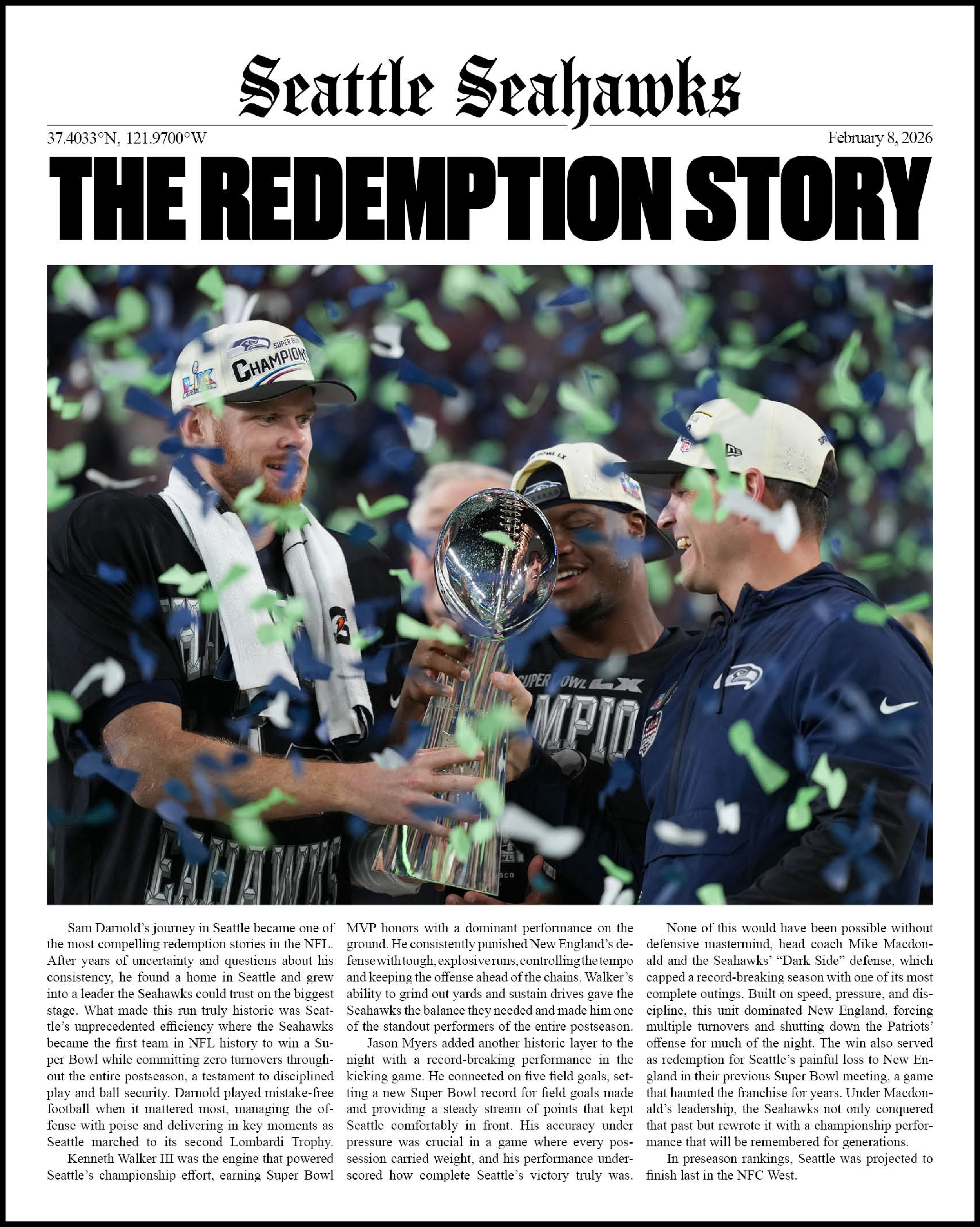 Seattle Seahawks team celebrating Super Bowl victory with trophy, confetti, and smiles.