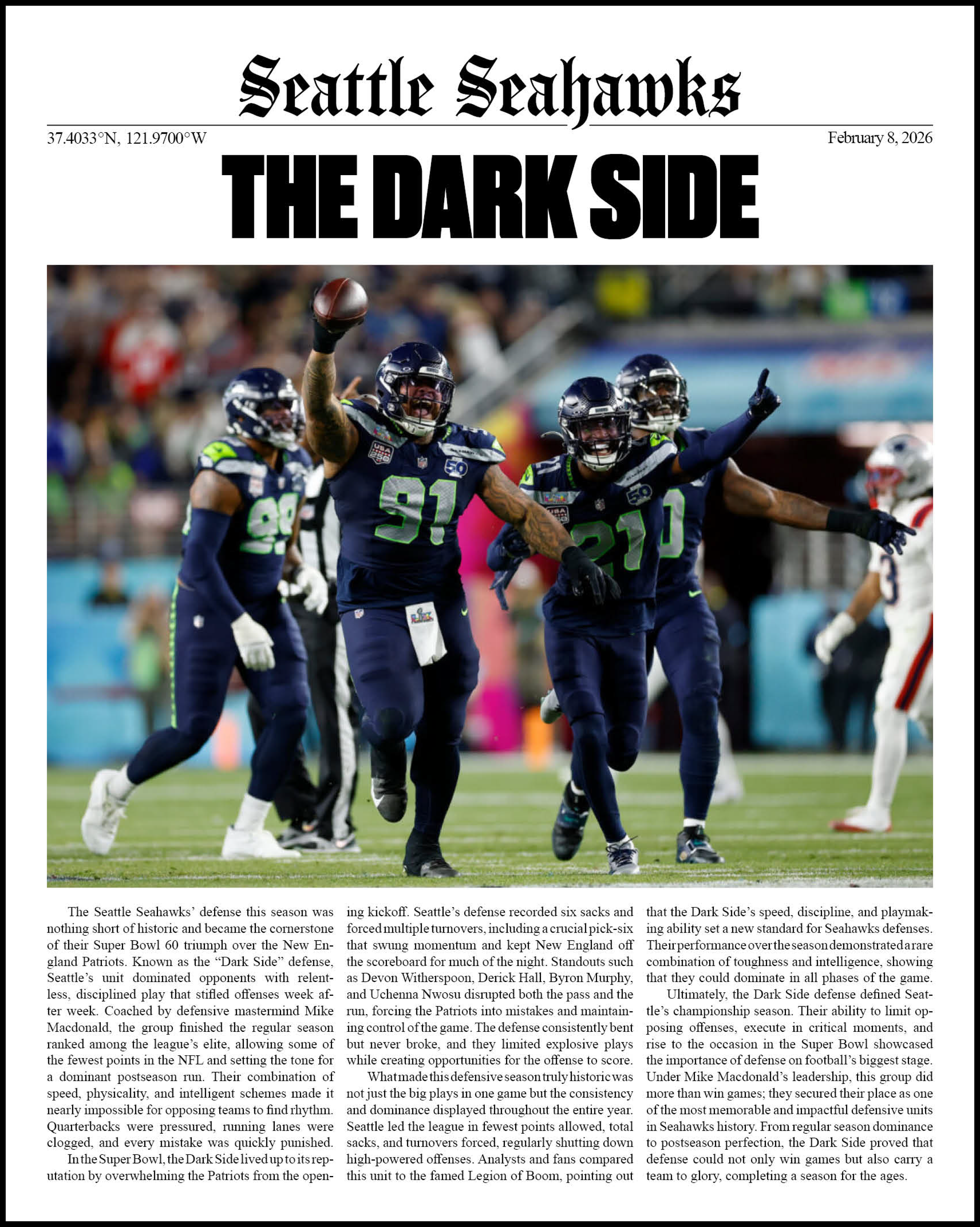 Seattle Seahawks football team celebrating on the field after a successful play during a game, with players in dark blue uniforms and a player holding a football in the air.