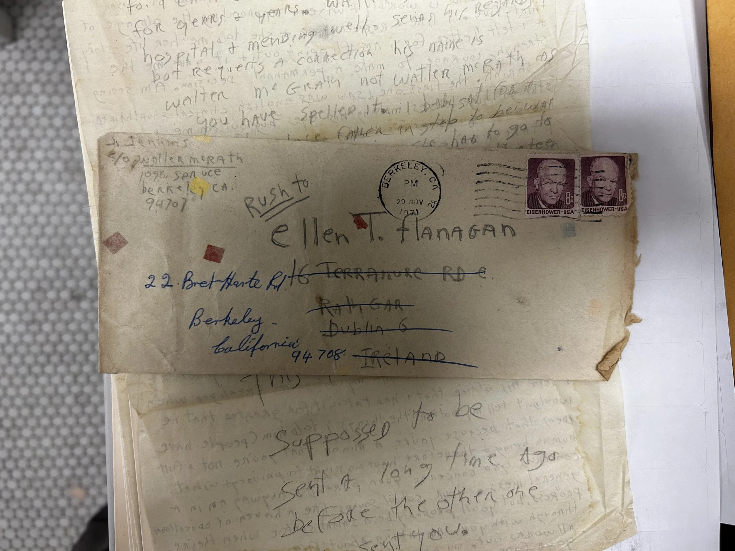  “My advice to you—pine away—pick at your food sigh a lot make patriotic statements when it gets really cold remark on how pleasant the weather must be in Berkeley + how you mourn for fresh veggies + fruits” 