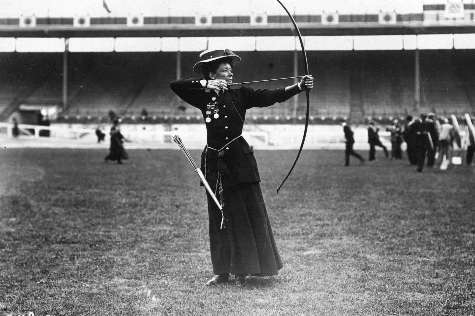  1908 Irish Olympian Beatrice Hill-Lowe.  She competed for England’s team as an archer, which won her the bronze medal as the first Irish woman to win an Olympic medal.  Illustration in the 