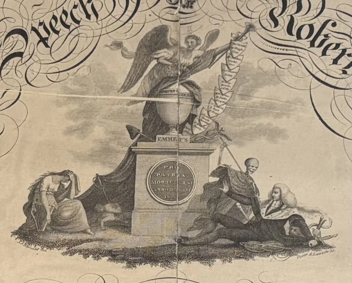  The broadside’s titular engraving depicts a tomb to Robert Emmet.  