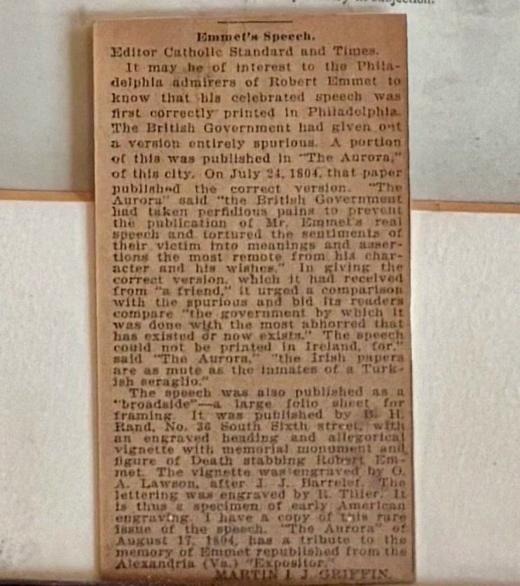  Clipping from The Expositor in 1910 by Martin I. J. Griffin, alluding to the silence of Ireland being caused by British oppression. 