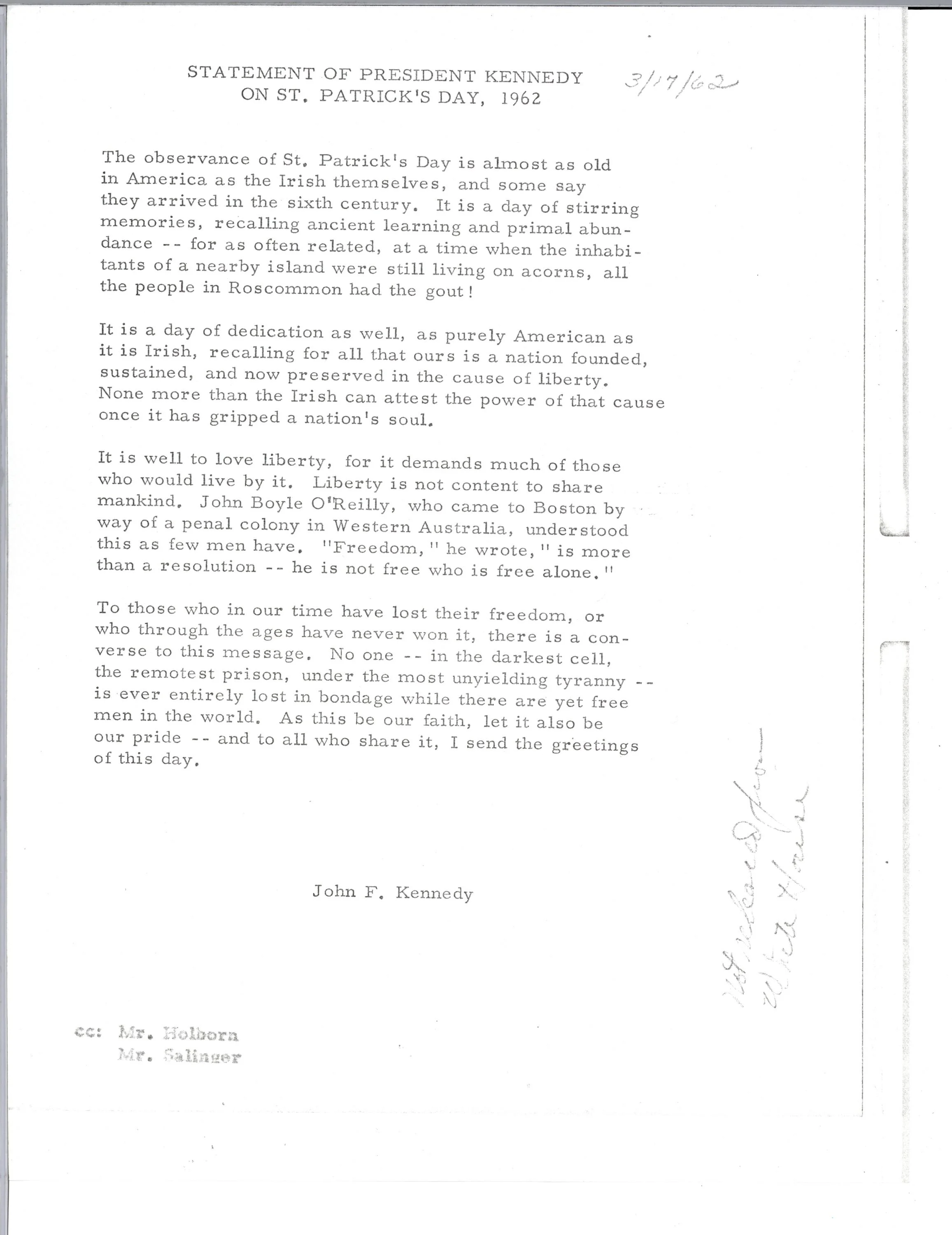  St. Patrick’s Day letter from John F. Kennedy, praising O’Reilly as his favorite poet. This comes from the archives of the John F. Kennedy library. 