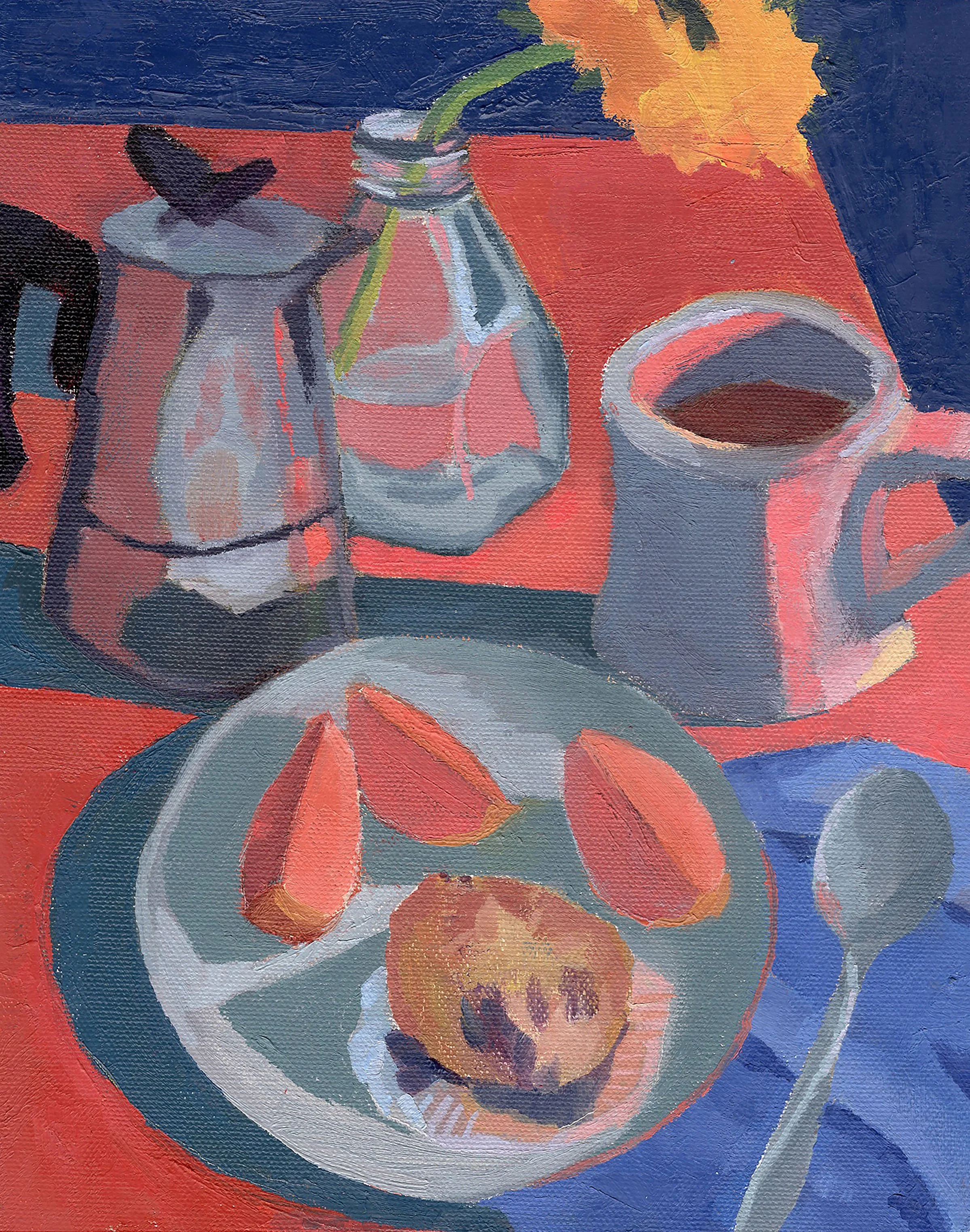 Breakfast with wildfire smoke. Oil on canvas panel. 10x8 inches.