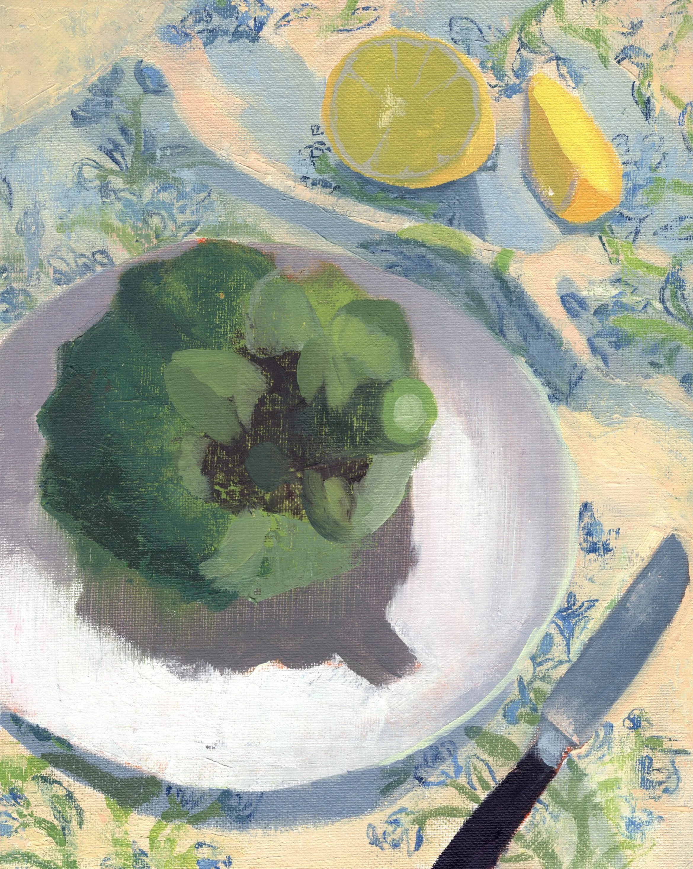 Artichoke and lemons. Oil on canvas panel. 10x8 inches.