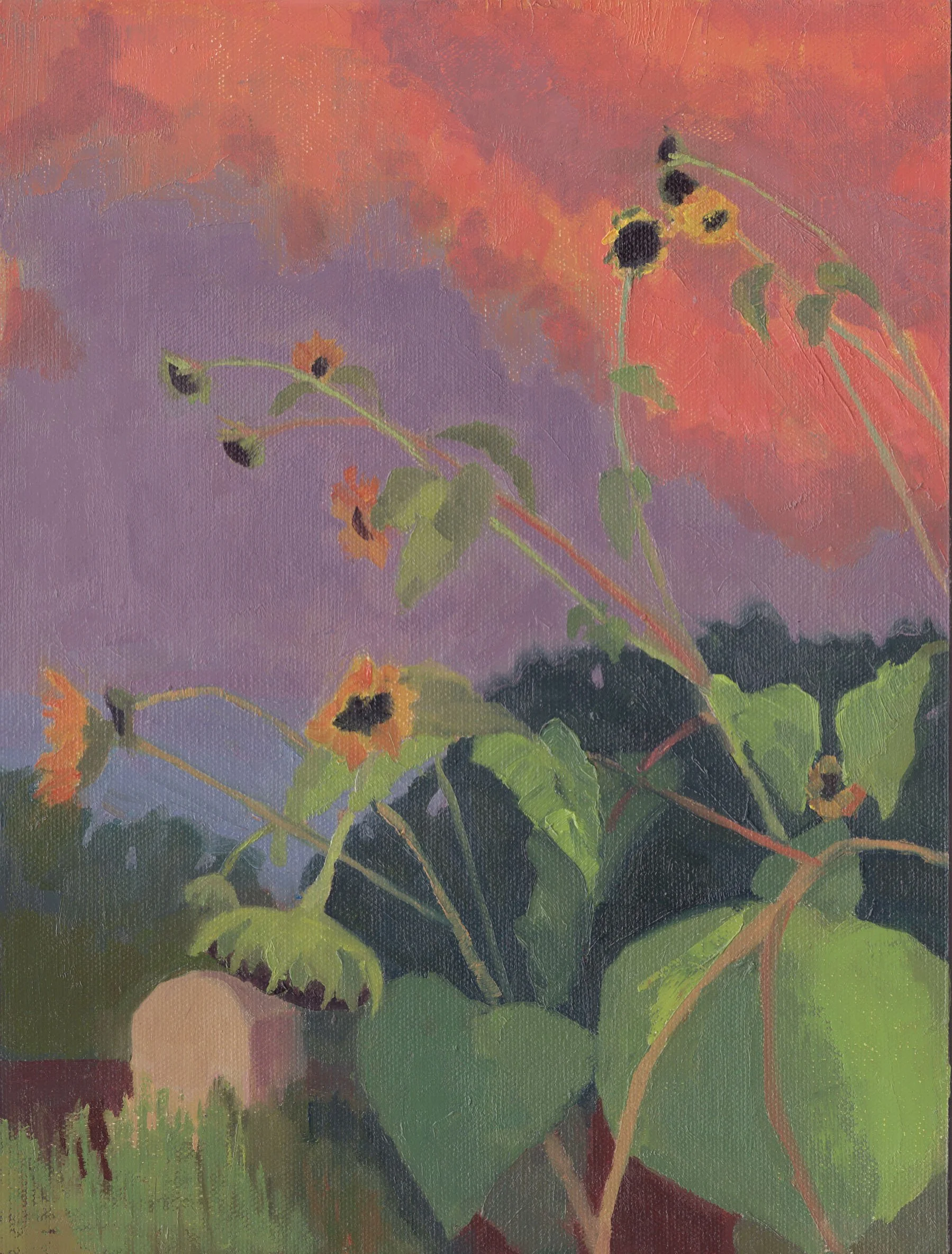 Sunflowers in the smoke. Oil on canvas panel. 12x9 inches.