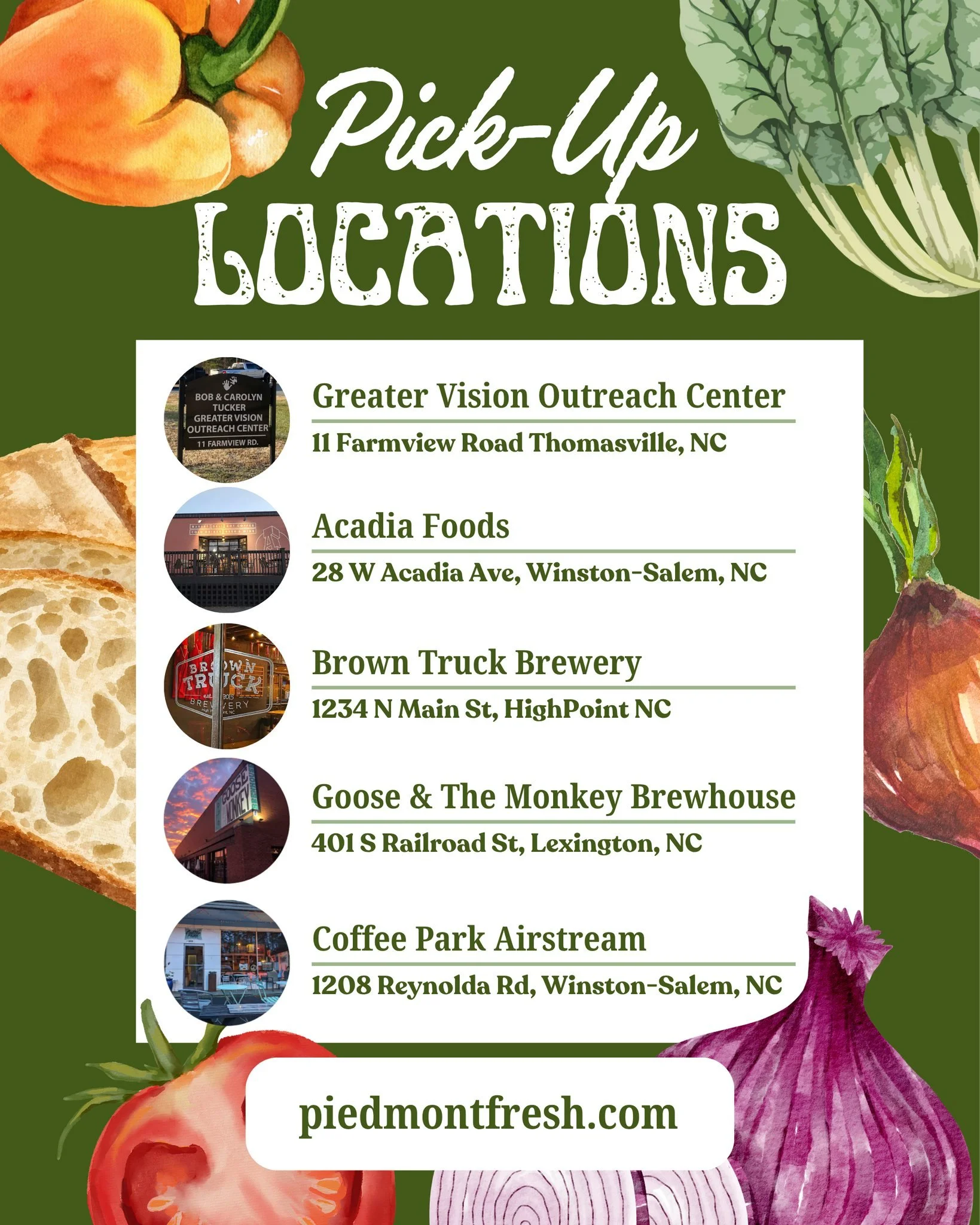 Piedmont Fresh has 5 convenient pickup locations across Thomasville, Winston-Salem, High Point, and Lexington. Order your local favorites online, choose the pickup spot that works best for you, and we&rsquo;ll take care of the rest!

Shop local. Pick