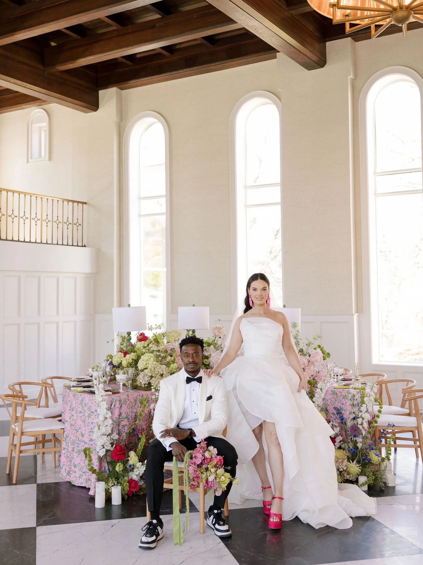 Pink and green isn&rsquo;t just for @lillypulitzer anymore! 🦩🌴This couple dreamed of a playful and colorful design that was inspired by vintage Miami with a modern twist of course! Crescent table shapes, patterned linens, vintage tiered cakes and a