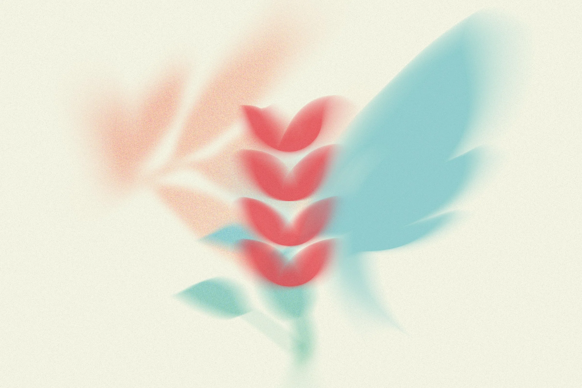 Une image floue avec des formes abstraites de feuilles bleues et rouges sur fond clair.