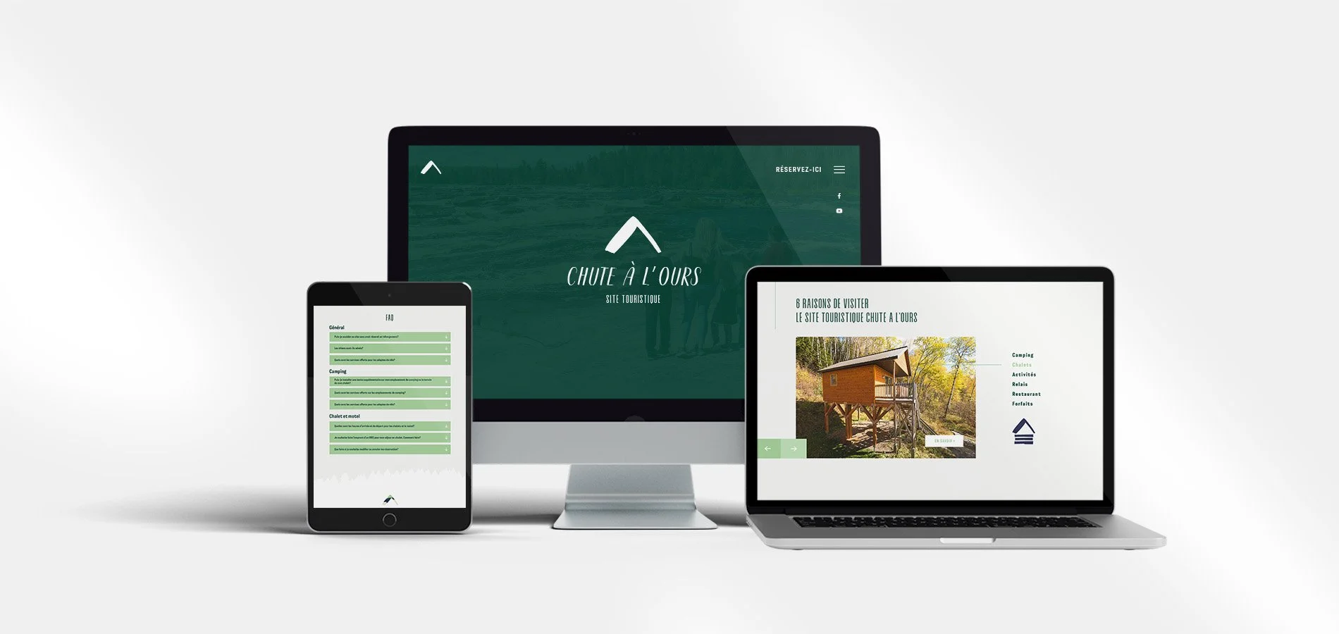 Capture d'écran d'une page web de site touristique affichée sur un ordinateur, un smartphone et un ordinateur portable. Le site s'appelle "Chute à l'Ours" et propose des informations sur un hébergement en pleine nature.