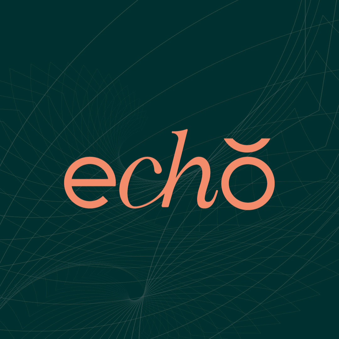 Mot 'echo' écrit en lettres cursives roses sur un fond graphique abstrait en lignes fines et courbes.